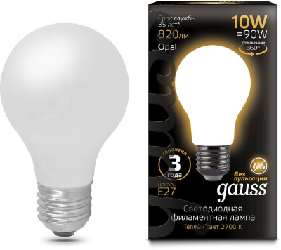 Лампа светодиодная Gauss 10Вт цок.:E27 шар 220B 2700K св.свеч.бел.теп. A60 (упак.:10шт) (102202110)