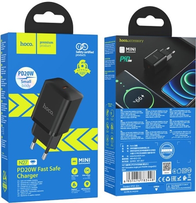 Сетевое зар./устр. Hoco N27 Black 20W 3A+2.22A+1.67A (PD+QC+AFC) USB-C универсальное черный