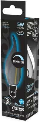 Лампа филам. Gauss Filament 5Вт цок.:E14 свеча 220B св.свеч.бел.нейт. (упак.:10шт) (104801205-D)