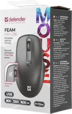 Мышь Defender Feam MM-296 черный оптическая 1600dpi silent беспров. USB 3but (52296)