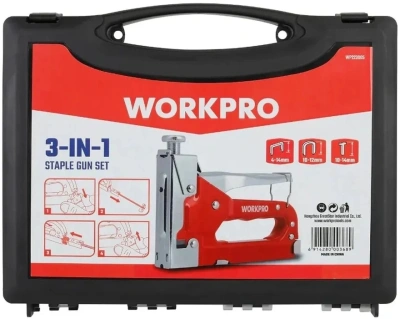 Степлер ручной Workpro WP223005 скобы тип 53: 4-14мм гвозди J 10-14 мм (кейс в комплекте)