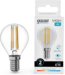 Лампа филам. Gauss Filament 8Вт цок.:E14 шар 220B св.свеч.бел.нейт. (упак.:10шт) (52128)