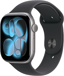 Смарт-часы Apple Watch Series 11 A3333 46мм OLED корп.серый космос Sport Band рем.черный разм.брасл.:S/M (MEV04AF/A)