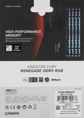 Память DDR4 4x8GB 3600MHz Kingston KF436C16RBAK4/32 Fury Renegade RGB RTL Gaming PC4-28800 CL16 DIMM 288-pin 1.35В kit single rank с радиатором Ret