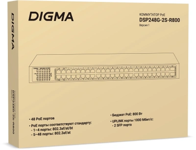 Коммутатор Digma DSP248G-2S-R800 DSP248G-2S-R800 V1 (L2) 48x1Гбит/с 2SFP 48PoE 48PoE+ 4PoE++ 800W неуправляемый