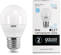 Лампа светодиодная Gauss Elementary 8Вт цок.:E27 шар 220B св.свеч.бел.хол. (упак.:10шт) (53238)