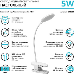 Светильник Gauss GTL205 (GT2051) настольный на прищепке LED белый/белый 5Вт