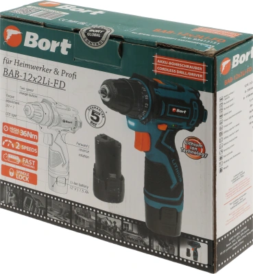 Дрель-шуруповерт Bort BAB-12x2Li-FD аккум. патрон:быстрозажимной (93413151)