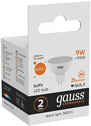 Лампа светодиодная Gauss Elementary MR16 9Вт цок.:GU5.3 спот 220B св.свеч.бел.теп. MR16 (упак.:10шт) (13519)
