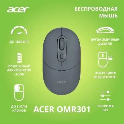 Мышь Acer OMR301 черный оптическая 1600dpi беспров. BT/Radio USB 4but (ZL.MCECC.01T)