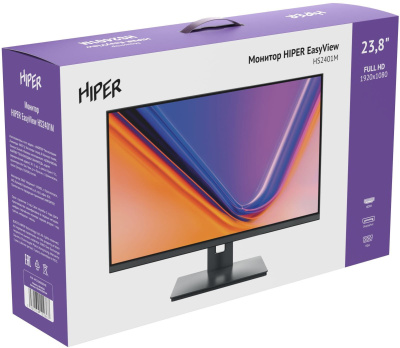 Монитор Hiper 23.8" EasyView HS2401M черный IPS LED 5ms 16:9 HDMI M/M матовая 250cd 178гр/178гр 1920x1080 75Hz FreeSync VGA DP FHD 3.5кг