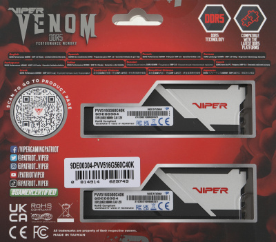 Память DDR5 2x8Gb 5600MHz Patriot PVV516G560C40K Viper Venom RTL Gaming PC5-44800 CL40 DIMM 288-pin 1.25В kit с радиатором Ret