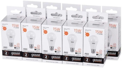 Лампа светодиодная Gauss Elementary 15Вт цок.:E27 груша 220B 3000K св.свеч.бел.теп. A60 (упак.:10шт) (23215)