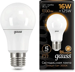 Лампа светодиодная Gauss A60 16Вт цок.:E27 груша 220B св.свеч.бел.теп. (упак.:1шт) (102502116)