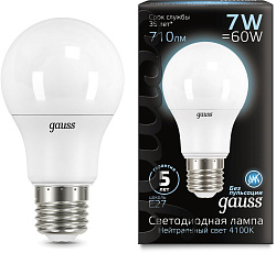 Лампа светодиодная Gauss 7Вт цок.:E27 шар 220B св.свеч.бел.нейт. A60 (упак.:10шт) (102502207)