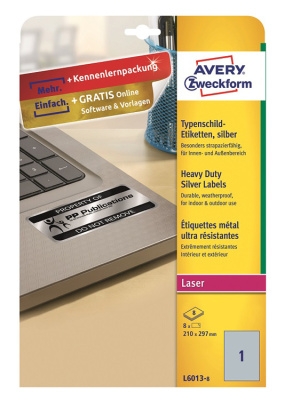 Этикетки Avery Zweckform L6013-8 A4 210x297мм 1шт на листе/198г/м2/8л./серебристый самоклей. для лазерной печати