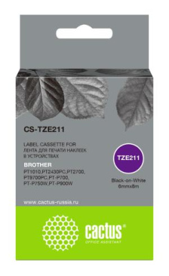 Картридж ленточный Cactus CS-TZE211 TZe-211 черный на белом 6x8 для Brother 1010/1280/1280VP/2700VP