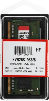Память DDR4 8Gb 2666MHz Kingston KVR26S19S6/8 VALUERAM RTL PC4-21300 CL19 SO-DIMM 260-pin 1.2В single rank Ret
