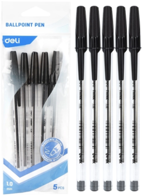 Набор ручек шариков. Deli Think EQ4-MT-BK прозрачный/черный d=1мм черн. черн. индив. пак.ев. (5шт) кругл.