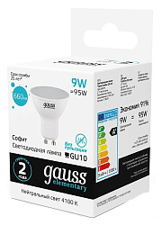 Лампа светодиодная Gauss Spotlight Elementary 9Вт цок.:GU10 спот 220B св.свеч.бел.нейт. MR16 (упак.:10шт) (13629)