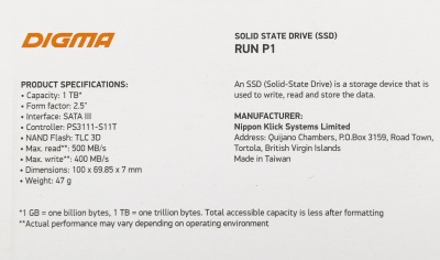 Накопитель SSD Digma SATA-III 1TB DGSR2001TP13T Run P1 2.5"