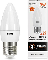 Лампа светодиодная Gauss Elementary 8Вт цок.:E27 свеча 220B св.свеч.бел.теп. C37 (упак.:10шт) (33218)