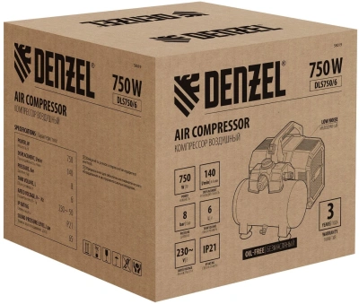 Компрессор поршневой Denzel DLS750/6 безмасляный 140л/мин 6л 750Вт желтый/черный