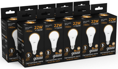 Лампа светодиодная Gauss A70 22Вт цок.:E27 груша 220B 3000K св.свеч.бел.теп. (упак.:1шт) (102502122)
