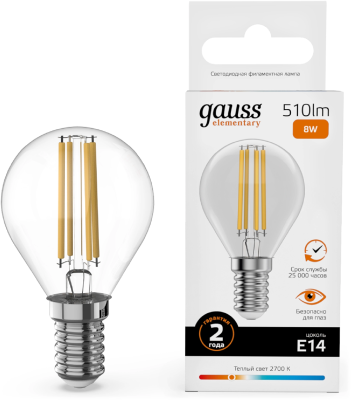 Лампа филам. Gauss Filament 8Вт цок.:E14 шар 220B св.свеч.бел.теп. (упак.:10шт) (52118)