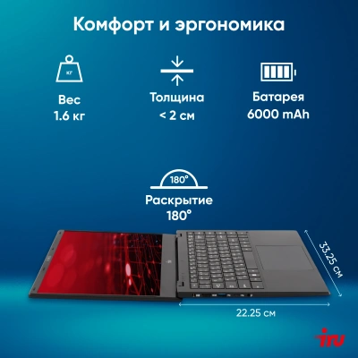 Ноутбук IRU Planio 14ING N-series N100 8Gb SSD512Gb Intel UHD Graphics 14" IPS FHD (1920x1080) FreeDOS black WiFi BT Cam 6000mAh (2058899)