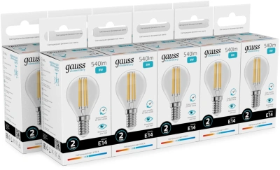 Лампа филам. Gauss Filament 8Вт цок.:E14 шар 220B св.свеч.бел.нейт. (упак.:10шт) (52128)