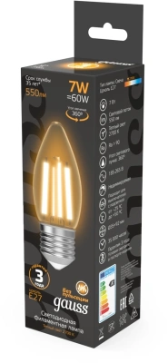 Лампа филам. Gauss Filament 7Вт цок.:E27 свеча 220B св.свеч.бел.теп. (упак.:1шт) (103802107)