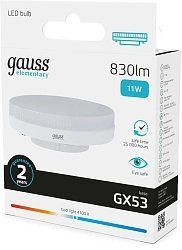Лампа светодиодная Gauss Elementary 11Вт цок.:GX53 таблетка 220B св.свеч.бел.нейт. Tablet (упак.:10шт) (83821)