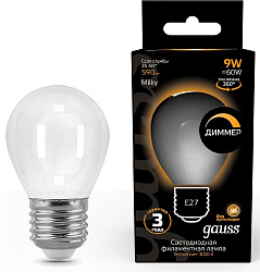 Лампа светодиодная Gauss Filament 105202109-D 9Вт цок.:E27 шар 220B св.свеч.бел.теп. (упак.:10шт)