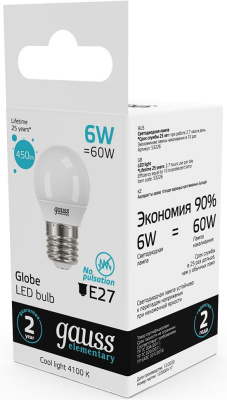 Лампа светодиодная Gauss Elementary 6Вт цок.:E27 шар 220B 4100K св.свеч.бел.нейт. (упак.:10шт) (53226)