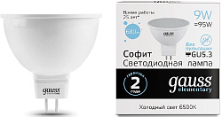 Лампа светодиодная Gauss Elementary MR16 9Вт цок.:GX5.3 спот 220B св.свеч.бел.хол. MR16 (упак.:10шт) (13539)