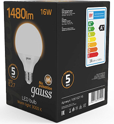 Лампа светодиодная Gauss G95 16Вт цок.:E27 шар 220B св.свеч.бел.теп. (упак.:1шт) (105102116)