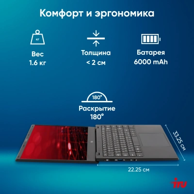 Ноутбук IRU Planio 14ING N-series N100 8Gb SSD256Gb Intel UHD Graphics 14" IPS FHD (1920x1080) Windows 11 Pro Multi Language 64 black WiFi BT Cam 6000mAh (2059098)