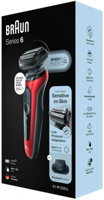 Бритва сетчатая Braun Series 6 61-R1200S реж.эл.:3 питан.:аккум. красный/черный