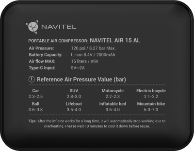 Автомобильный компрессор Navitel AIR 15 AL 15л/мин шланг 0.26м