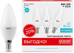 Лампа светодиодная Gauss Elementary 33126T 6Вт цок.:E14 свеча 180B св.свеч.бел.нейт. (упак.:3шт)