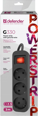 Сетевой удлинитель Defender G330 3м (3 розетки) черный (коробка)
