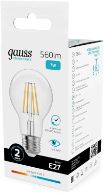 Лампа филам. Gauss Filament 7Вт цок.:E27 груша 220B св.свеч.бел.нейт. (упак.:10шт) (22227)