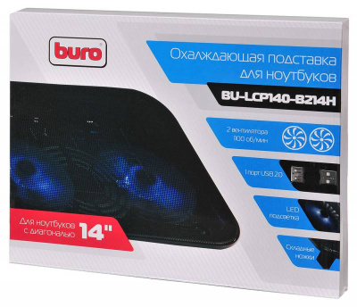 Подставка для ноутбука Buro BU-LCP140-B214H 14" 338x255x22мм 1xUSB 2x 140ммFAN 480г металлическая сетка/пластик черный
