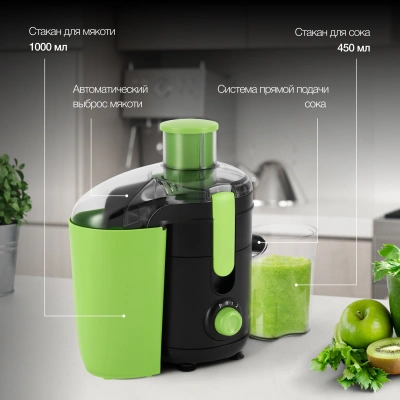 Соковыжималка центробежная Hyundai HY-JE1625 500Вт рез.сок.:450мл. черный/зеленый