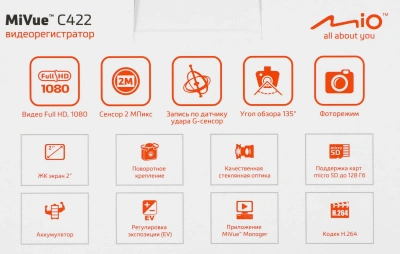 Видеорегистратор Mio MiVue C422 черный 2Mpix 1080x1920 1080p 135гр. MSTAR MSC8336