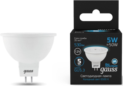 Лампа светодиодная Gauss 201505305 5Вт цок.:GU5.3 рефлек. 12B 6500K св.свеч.бел.хол. (упак.:1шт)