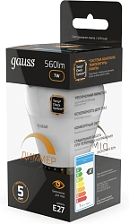 Лампа светодиодная Gauss 105102107-D 7Вт цок.:E27 шар 220B св.свеч.бел.теп. (упак.:1шт)