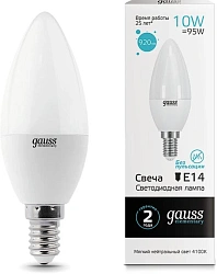 Лампа светодиодная Gauss Elementary 10Вт цок.:E14 свеча 220B св.свеч.бел.нейт. C37 (упак.:1шт) (33120)