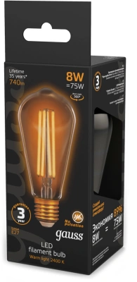 Лампа филам. Gauss Filament ST64 8Вт цок.:E27 эдисон 220B св.свеч.бел.теп. (упак.:10шт) (157802008)